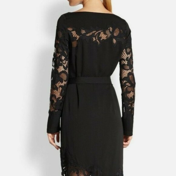 Diane Von Furstenberg DVF Black Ernestina Lace Trim Sash Tie Stretch Silk Dress - Picture 2 of 9